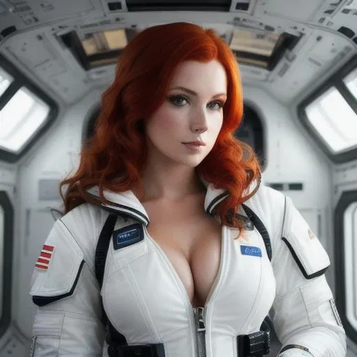 Prompt: a portrait photography of a gorgeous redhead in open unbuttoned white space suit, cleavage, standing inside spaceship, attractive, flirting, looking at viewer, detailed skin, highly detailed, diffused soft lighting, hyperrealism, cinematic lighting