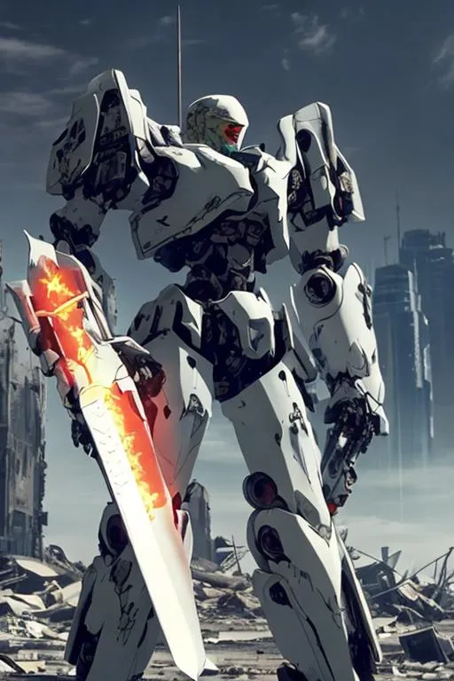 Prompt: A white mecha with sleek but complex armour design holding a long sword and floating weapons surrounding it with a ruined city as background