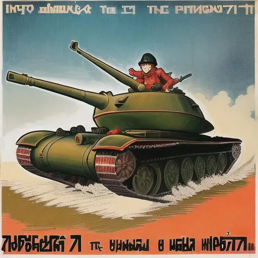 Prompt:  world war 2 Soviet propaganda style poster of T-72 tanks in a row, moving towards America