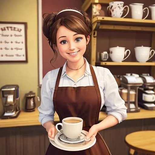 Prompt: As you walk into the cozy cafe, you're greeted by the charming maid with a welcoming smile. Her apron is neatly tied around her waist, and her hair is styled in a cute bun. You notice how she expertly carries the tray of steaming hot beverages to the customers, making sure each cup is placed perfectly on the saucer. As you sip your coffee, you can't help but admire the cafe maid's graceful movements and attention to detail. What's her story? How did she end up working in this cafe?
