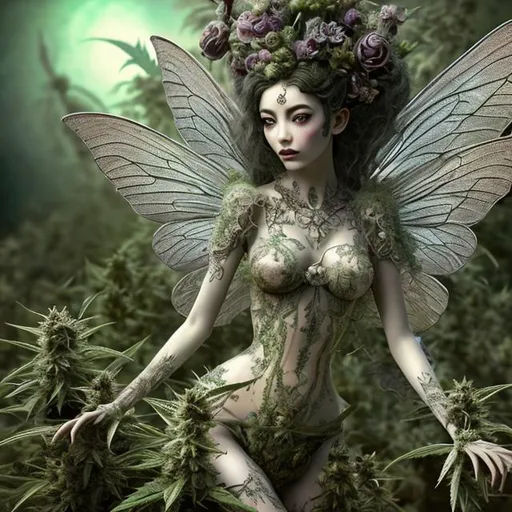 Prompt: Intricately detailed beautiful fairy goddess of the marijuana harvest hyper realistic extremely detailed dark cinematic in the style of Dali