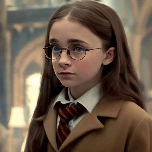 Prompt: A girl with light skin and dark blue eyes with brown hair and brown glasses in a Harry Potter movie