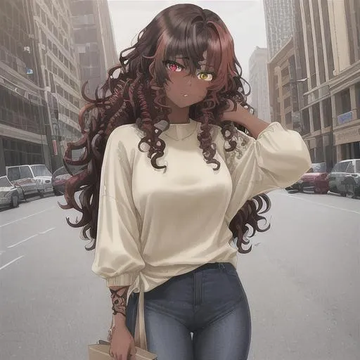 Prompt: 1woman, {{{masterpiece, masterful}}}, full body dark skin, highres, {curly brown hair with red highlights},{heterochromia, Yellow eyes, red eyes}, blush, {defractal hair, medium length hair}, Tattoos, {{{casual clothes, sweater and jeans}}}, city background,