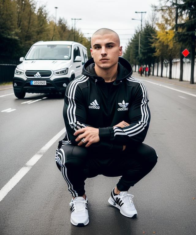 Squatting Slav in black Adidas track suit. Shaved he... | OpenArt