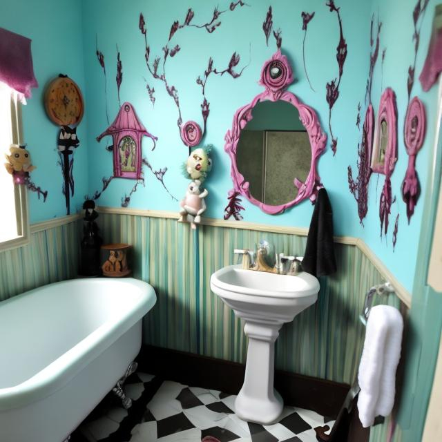 Dollhouse bathroom in the style of Tim Burton | OpenArt