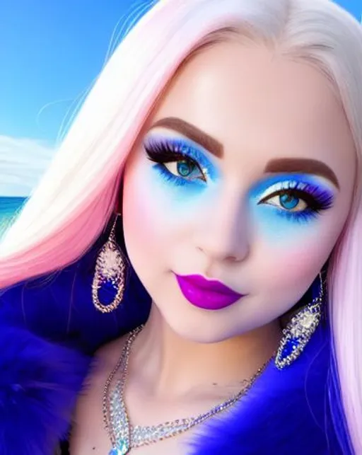 Prompt: Liv Morgan eating candy ice cream, blue lipstick, snowy beach, blue heart necklaces, Thick blue fur coat, Black Cape, pleasant face, blue spiral eyes, Black-purple eyeshadow, long ice earrings. Cold color scheme, ultradetailed, 8k resolution, perfect, smooth, high quality, shiny. 