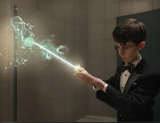 Prompt: 13 year old boy in a tuxedo cast a magic spell on someone in a bathroom stall with his magic wand  from the outside. Do not show the inside of the stall. Just show the boy in his tuxedo pointing his magic wand and casting the spell on the stall that has crazy magic dust spewing out of the top every wich way