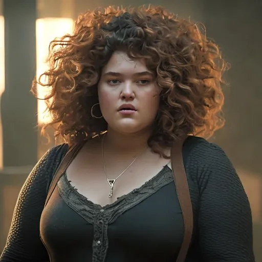 Prompt: 
witch plus-size girl with curly hair and circular shades in a marvel movie