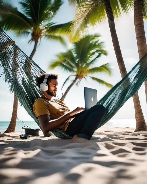 Prompt: A remote worker sitting relaxed on a tropical beach with coconut trees swaying in the breeze behind them. They type on a laptop while chilling in a hammock wearing headphones, focused yet comfortable. Natural lighting filters through the palm fronds. Shot with a Fujifilm X-T4 with 35mm lens. The mood is peaceful productivity and freedom. In the style of before-and-after storytelling photography.