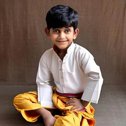 Prompt: A boy who is 5 year old, and wearing dhoti and kurta and sitting on a chair 

