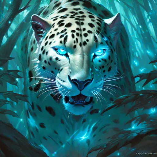 Prompt: world of warcraft style, snarling white saber-tooth leopard with bioluminescent  eyes, stalking its prey, mystic forest background, radiant, expressive eyes,  art by greg rutkowski and artgerm