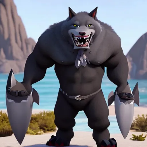 Prompt: Linnux the big buff anthro wolf is look like a shark, wearing black business suit, on "Rock dog style"
