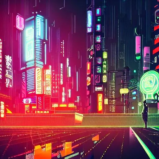 Prompt: Large cyberpunk skyscraper, colourful neon signs, streets filled with people, foggy atmosphere, style of Blade Runner, japanese signs