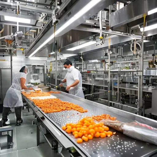 Prompt: A behind-the-scenes shot of food being prepared or packaged in a production facility