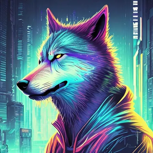Prompt: colorful  calm cyberpunk  wolf
 with hoodie

