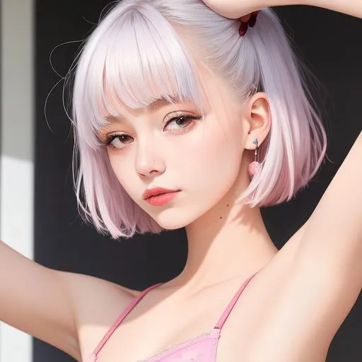 Prompt: Side view of 18 years old cute and beautiful girl, open eyes, closeshot of armpit visible to viewer,  facial details, messy stray hair bob fringe pink and silver, slim body, f-cup size, {{{one arm raised up armpit visible}}},,snowry winter cherry blossoms, armpit, hyperdetail, 4k, 8k, sunny day, pastel soild and sharp colour, backlit, facial expression, realistic, high details,  hi res, photography, smooth pale white skin, skin texture, two arms raised up armpit chest visible, transparent jelly cloth