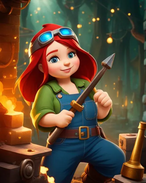 Prompt: A female gnome engineer in overalls, working gold chains, red-haired, detailed background, working in a forge, bandaged hands, perfect hands, holding a hammer, goggles, HD, High-Quality, looking at viewer
