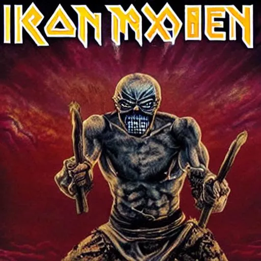 Prompt: iron maiden a blind warrior covering his eyes album cover