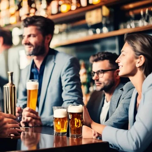 Prompt: Group of smart and nice people sitting at the bar with small amount of beer, discussing progressive political ideas
make them smart casual suits
add females up to 50% of people