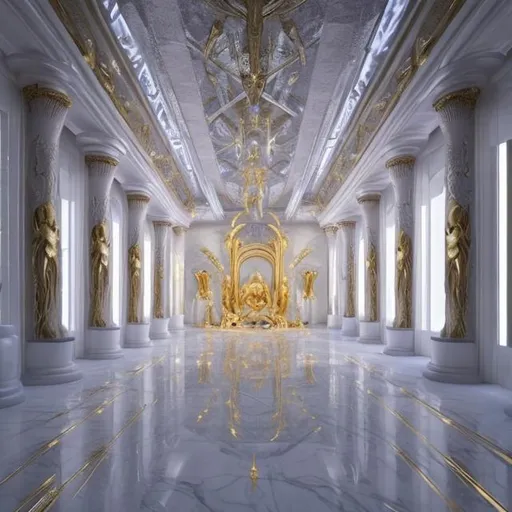 Prompt: Bright fantasy white throne room with an open ceiling. Filled with gods and goddesses. Gold accents.
Long hallway.
