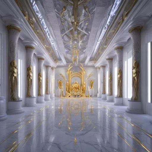 Bright fantasy white throne room with an open ceilin...