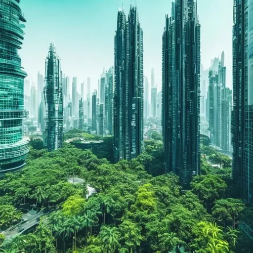 Prompt: Futuristic City White tall skyscrapers overgrown lush green plants
