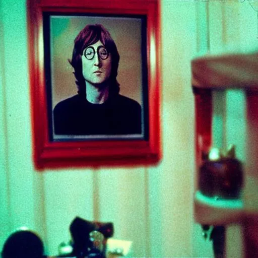 Prompt: color film photograph of john lennon in twin peaks red room