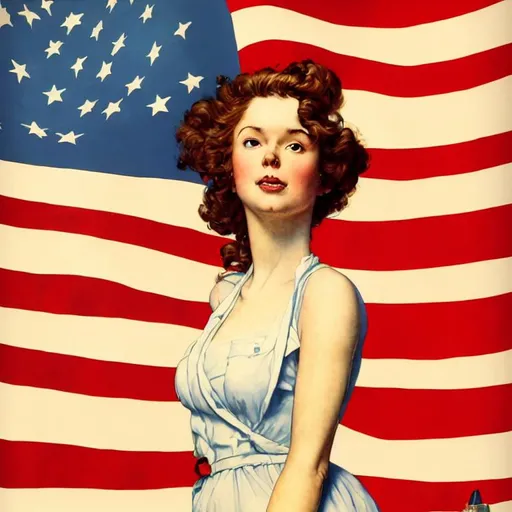 Prompt: illustration patriotic poster by Norman Rockwell and Artgerm, beautiful woman with curly auburn hair standing in front of an American flag that is waving in a slight breeze, award-winning cgi, blender 