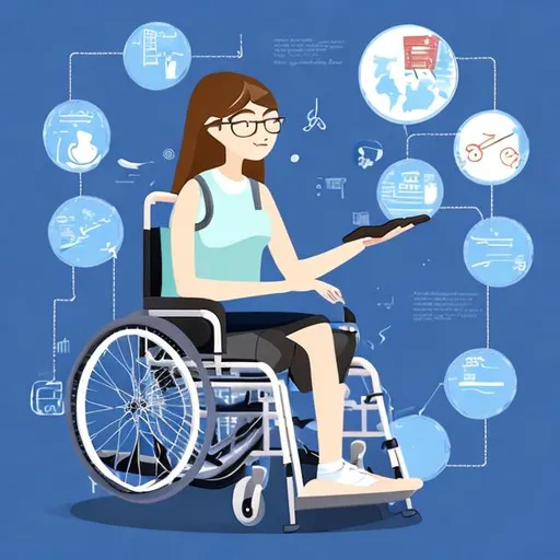 Prompt: An illustration with a girl in a wheelchair using a cell phone. The image is for a tutorial of a mobile application. Make it more formal. The background must be dark blue. The application provides maps to disabled users.