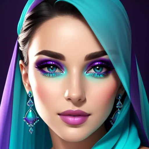 Prompt: Beautiful ethereal beauty,  color scheme of  aqua and purple, facial closeup