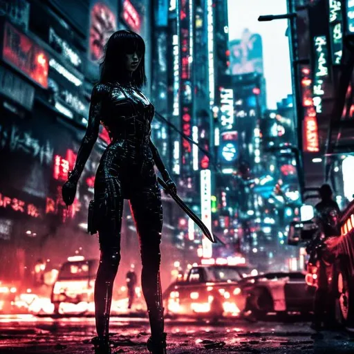 Prompt: 4k. Focused. Gorgeous. black and neon killer lady. European. Switchblade weapon. Bloody. Beautiful. Deadly.. Full body. Accurate. realistic. evil eyes. Slow exposure. Detailed. Dirty. Dark and gritty. Post-apocalyptic Neo Tokyo .Futuristic. Shadows. Armed. Fanatic. Intense. 
