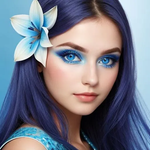 Prompt: A woman all in blue, blue eyes, pretty makeup,blue flower in hair, facial closeup