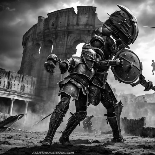 Prompt: monochrome, gladiator arena, duel, brutal, geiger, scifi