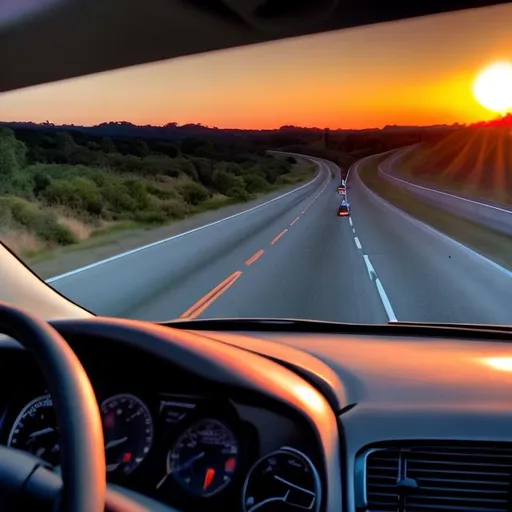 Prompt: car radio on a freeway looking out from windshield in North Carolina at sunset

 