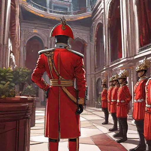 Prompt: A scifi english royal guard in bright red scifi uniform. He is stands on guard. In background a scifi royal palace. Rpg art. Rpg. 2d art 2d. Well draw face. Detailed. 