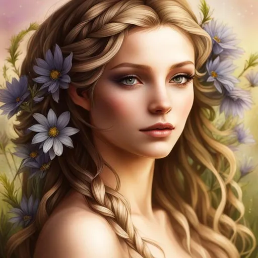 Prompt: a fairy goddess , etherial, light colored hair,surrounded with wildflowers