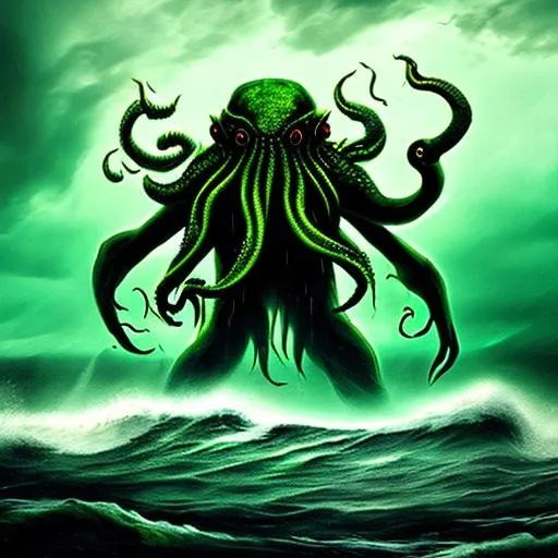 Prompt: photo of huge Cthulhu walking in the ocean, dark stormy weather, green color scheme, 4K realistic,  