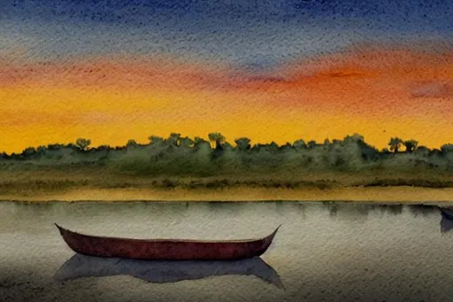Prompt: greg rutkowski, 8 k, shallow depth of field, concept art, native american teepees, watercolor, abstract, colorful clouds. sunset, primitive indian camp. lake in foreground. dock with wooden canoe. 