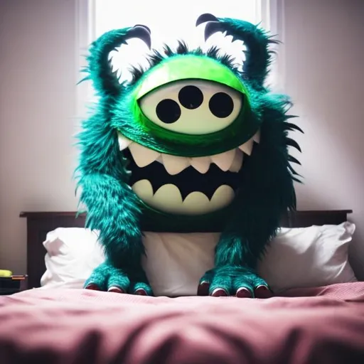 Prompt: Monster sitting on bed