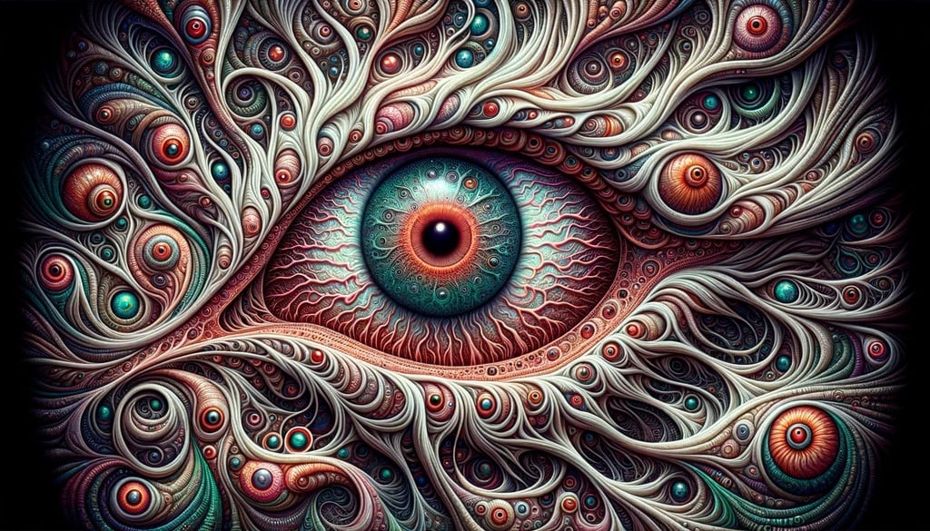 Prompt: lucid dreams, the eye of god, in the style of intricate and bizarre illustrations, schizowave, surrealistic horror, redshift, terrorwave, structured chaos, airbrush art in 16:9 ratio