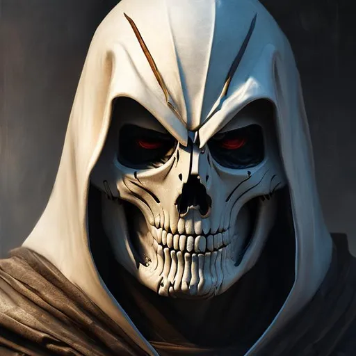 Prompt: reaper as a young male Caucasian god, wearing a blank white mask
realistic dark oil painting, 8k, many details