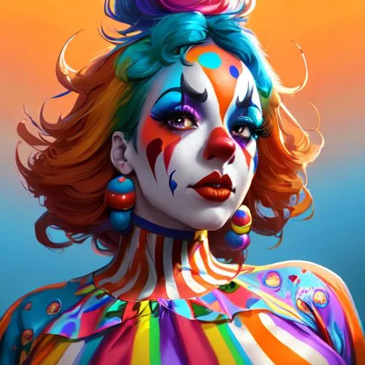 Prompt: A beautiful woman in a colorful clown outfit. Clown makeup on face. Circus background. 8k resolution concept art by Greg Rutkowski dynamic lighting hyperdetailed intricately detailed Splash art trending on Artstation triadic colors Unreal Engine 5 volumetric lighting Alphonse Mucha WLOP Jordan Grimmer orange and teal