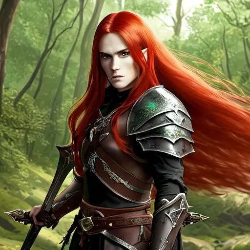 Prompt: young half elf warrior with beautiful but serious face, long light red hair and green eyes, wearing black leather armor wielding a greatsword standing in the woods in a fantasy setting