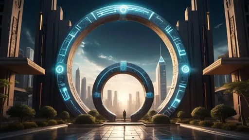 Prompt: magical portal between cities realms worlds kingdoms, circular portal, ring standing on edge, upright ring, freestanding ring, hieroglyphs on ring, complete ring, ancient babylonian architecture, gardens, hotels, office buildings, shopping malls, large wide-open city plaza, panoramic view, futuristic cyberpunk tech-noir setting