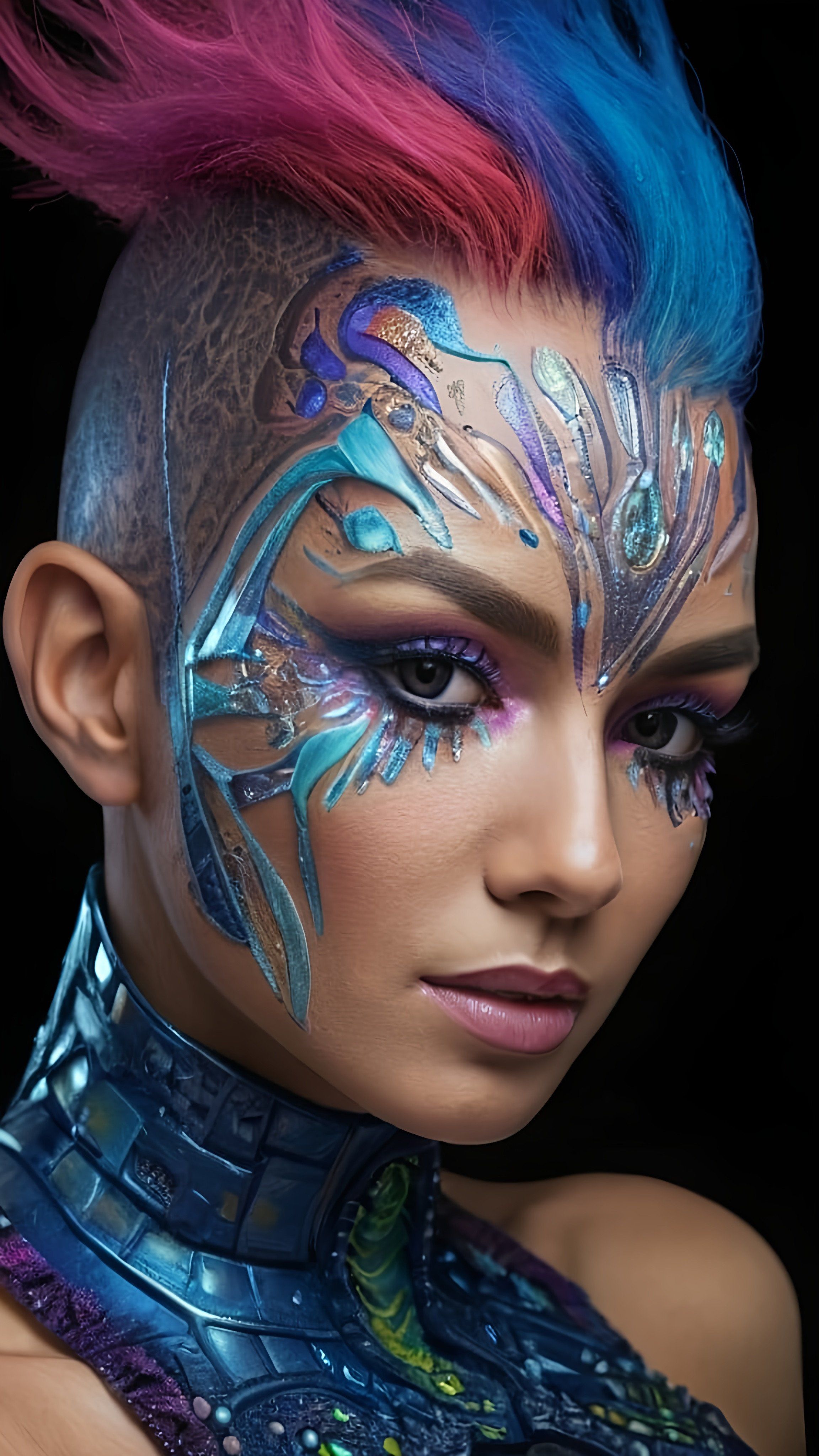 Prompt: a woman with a blue and pink hair and face paint on her face and chest, with a dragon design on her face, fantasy art