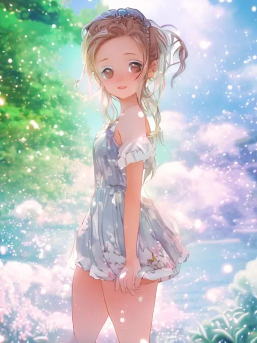 Prompt: Dreamy background with the girl in front 