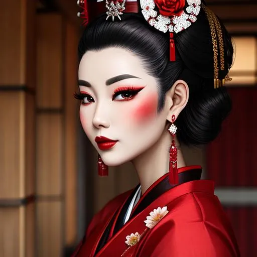 Prompt: Ruby lady-a geisha all in red, full face, elegant, facial closeup