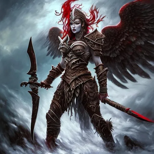 Prompt: ( Realistic photo, professional photo, oil painting) a beautiful female god of war in a red and black metal armor with her long black hair  blowing in the wind floating over a raging war of Demons and Angels fighting