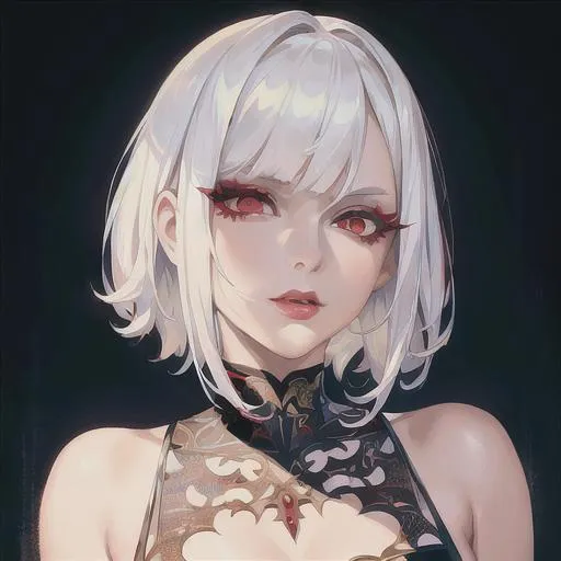 Prompt: (masterpiece, illustration, best quality:1.2), short trimmed white hair, devilish eyes, wearing red nightgown, best quality face, best quality, best quality skin, best quality eyes, best quality lips, ultra-detailed eyes, ultra-detailed hair, ultra-detailed, illustration, colorful, soft glow, 1 girl