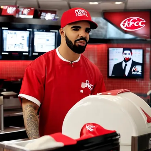 Prompt: drake works at kfc, with employee uniform